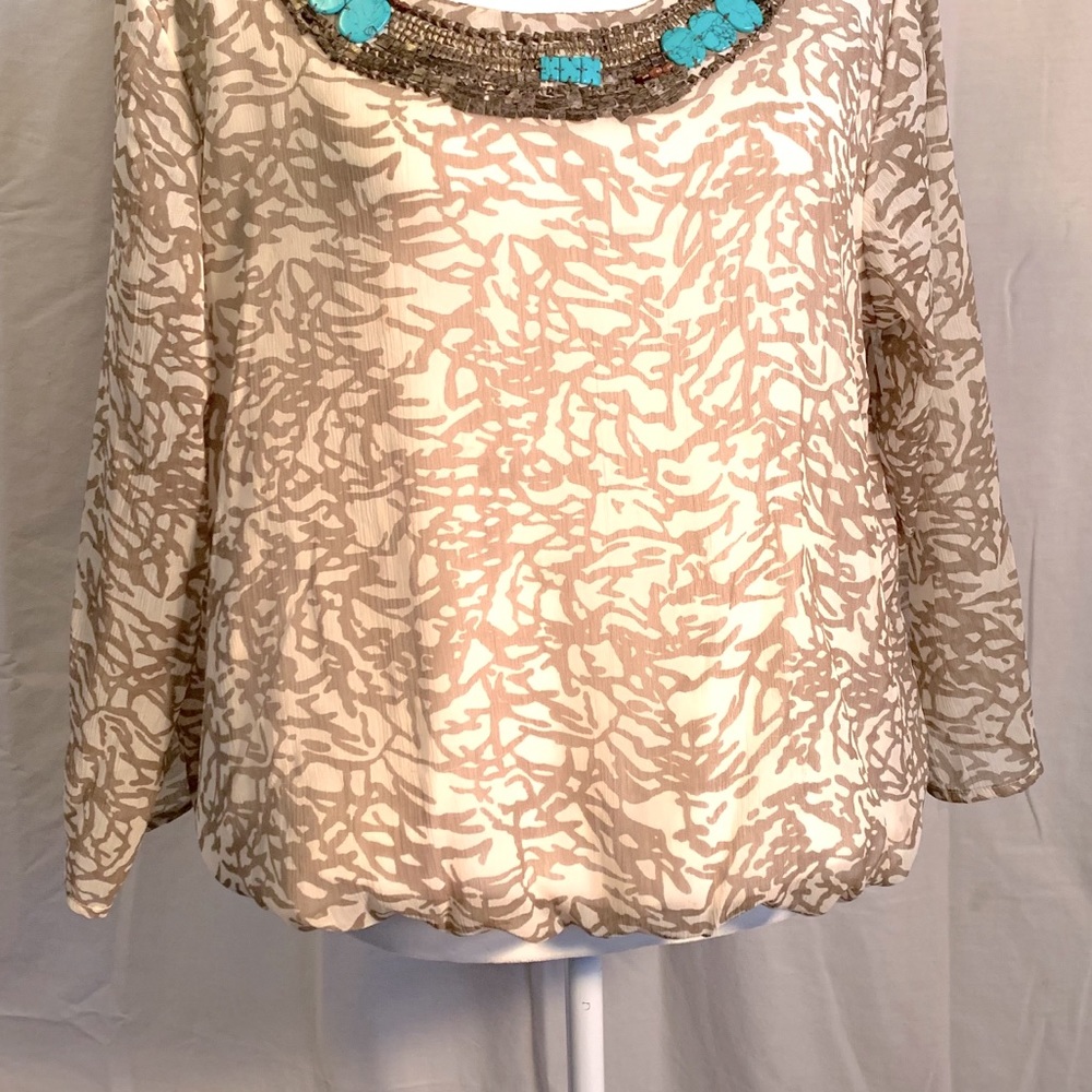Chico’s silky, sheer blouson style blouse